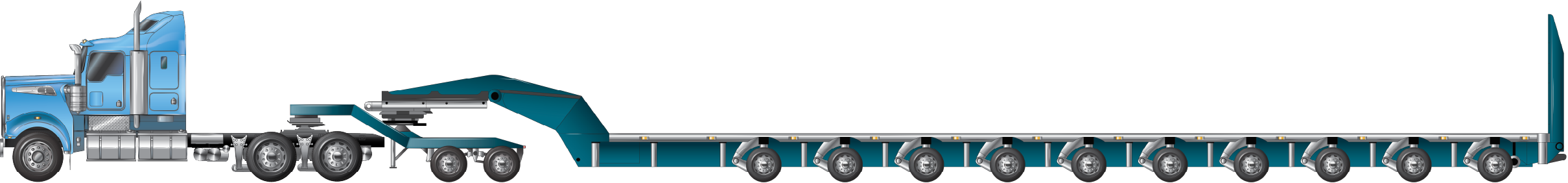 An example of a prime mover towing a low loader dolly and ten axle platform trailer