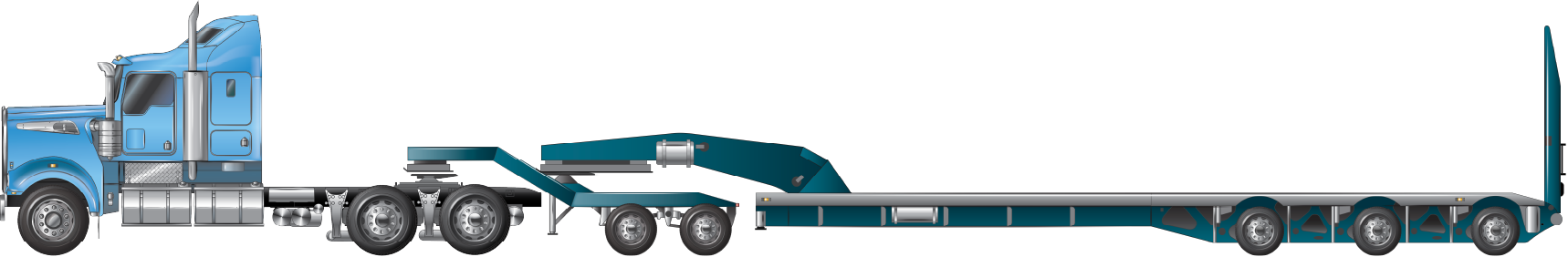 An example of a prime mover towing a tandem axle low loader dolly and tri-axle low loader