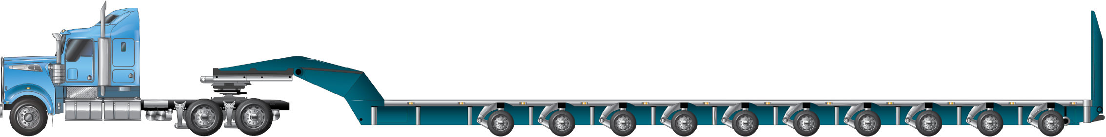 An example of a prime mover towing a ten axle platform trailer