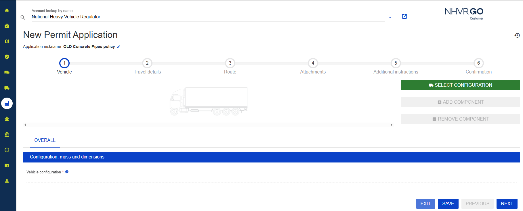 Screenshot showing NHVR Go screen with step 1