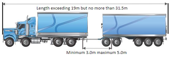 Example of a truck and dog combination (exceeding 19m but no longer than 31.5m) length dimensions