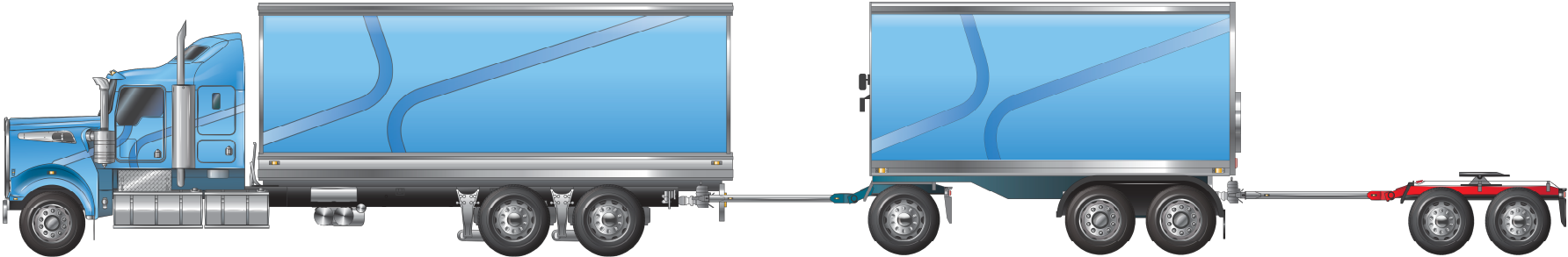 Image is displaying arigid truck and dog towing a tandem axle unladen converter dolly.