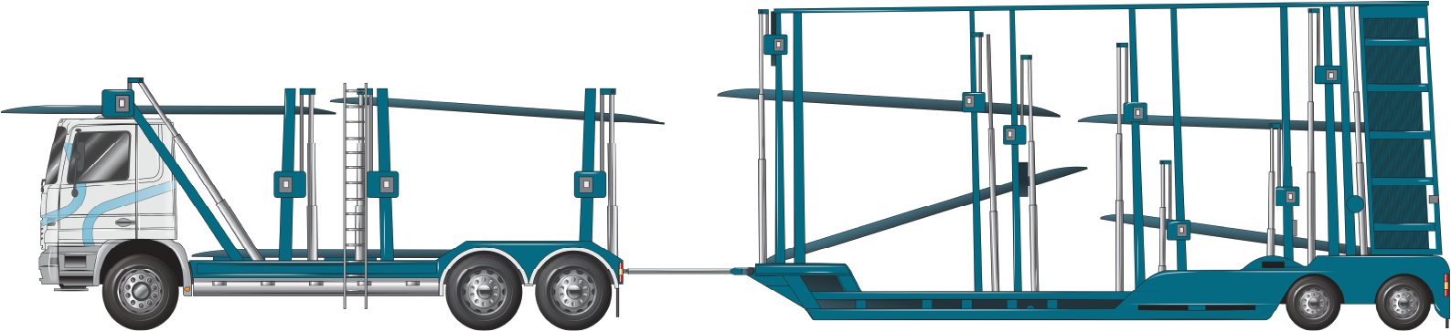 A rigid truck with a single steer axle and single drive axle; and a trailer fitted with a single axle group vehicle carrier example