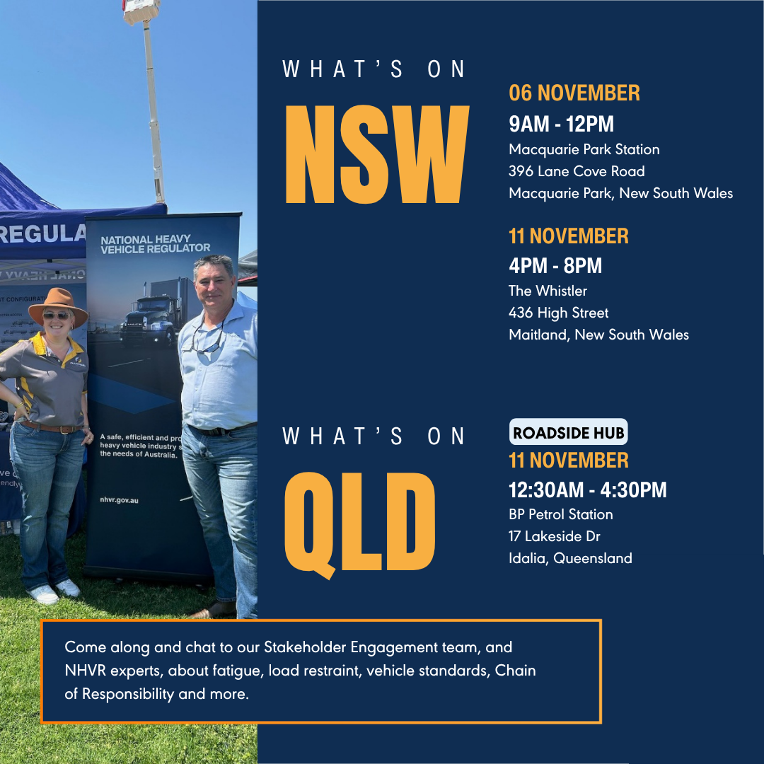 Chat with our Stakeholder Engagement team member Andrew Gill and NHVR experts about access, compliance, fatigue, Chain of Responsibility (CoR) and more.