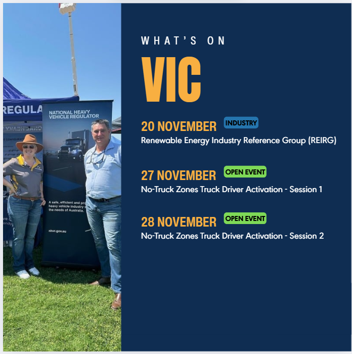 Join the team at an open event to discuss heavy vehicle topics such as access, accreditation, fatigue, sustainability, load restraint, and chain of responsibility.