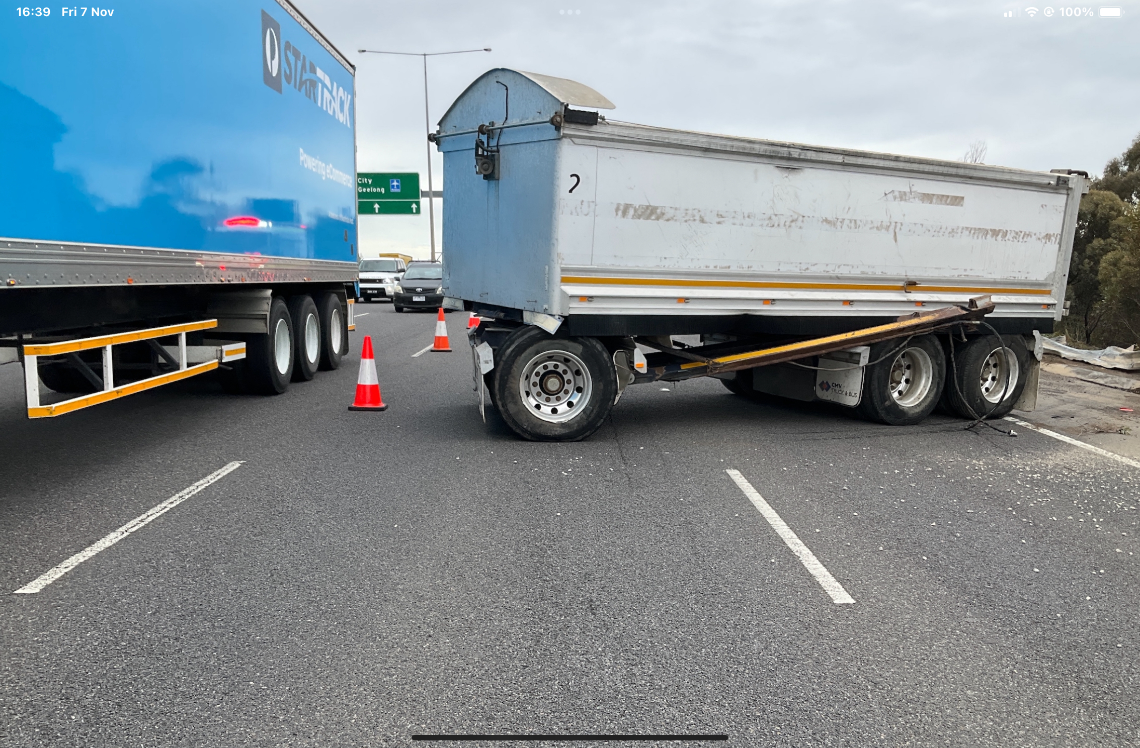 Two packs of flat sheet steel have slid forward into the non-rated headboard, bending and breaking the tubular bars.