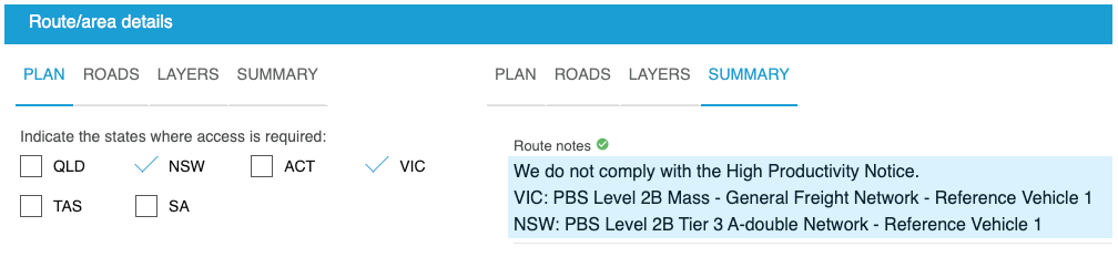 image is of an example of a Portal application screen for a PBS route area details. The plan and summary are shown with notes