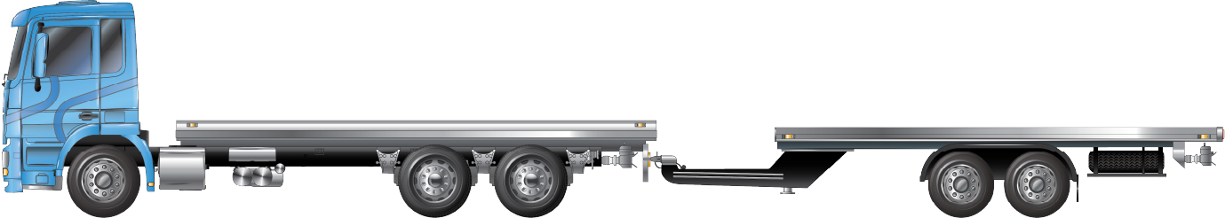 An example of a 3 axle flatbed rigid truck towing a three axle trailer
