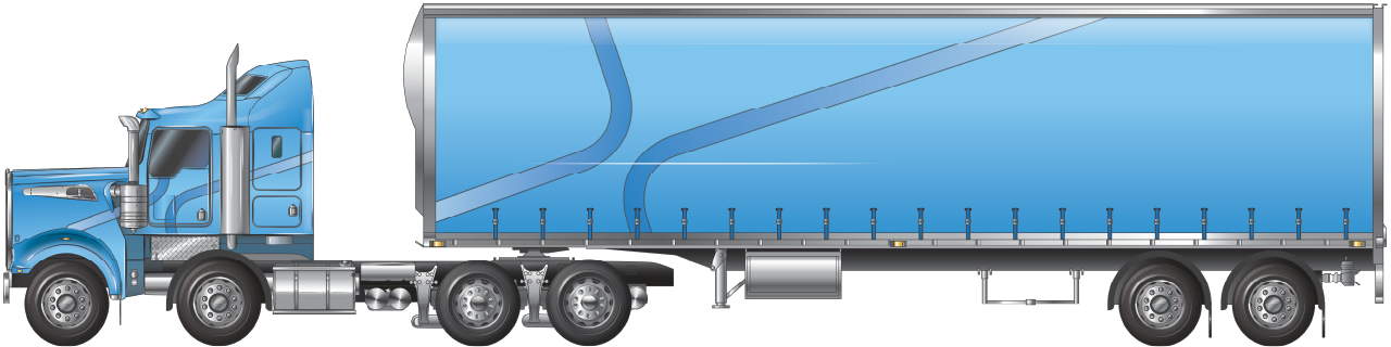 A twinsteer prime mover (two tyres per axle) towing a dual axle semitrailer (four tyres per axle)