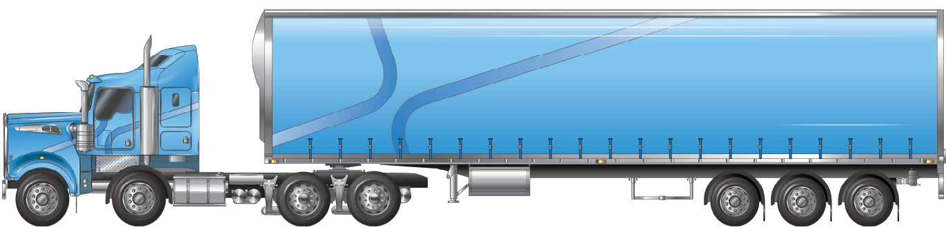 A twinsteer prime mover (two tires per axle) towing a dual axle semitrailer (four tyres per axle)