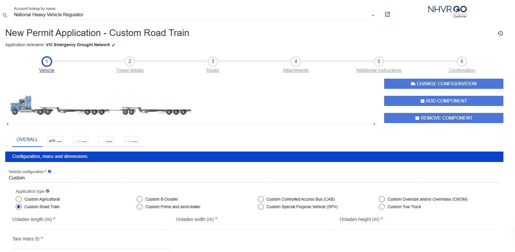 Screenshot showing NHVR Go screen with step 1