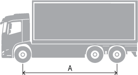 Example of a 3 axle rigid truck with minimum spacings listed below for A. 